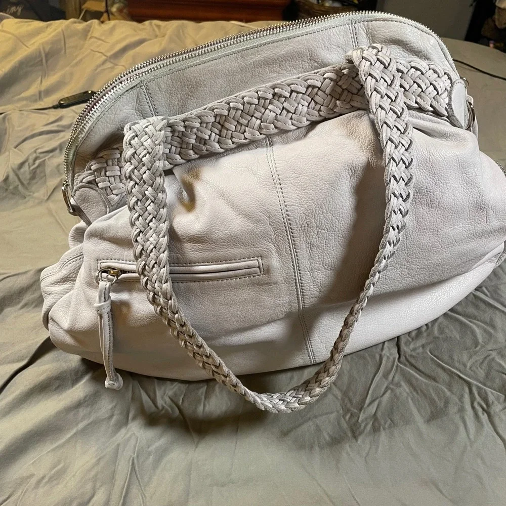 Sorial New York Light Grey Pebbled Leather Braided Strap Hobo Shoulder Bag Boho
